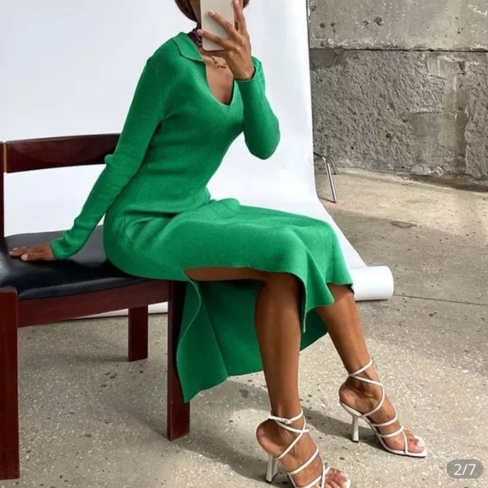Lapel V-neck Split Long Sleeve Dress Casual Solid Elegant Bodycon Midi D…